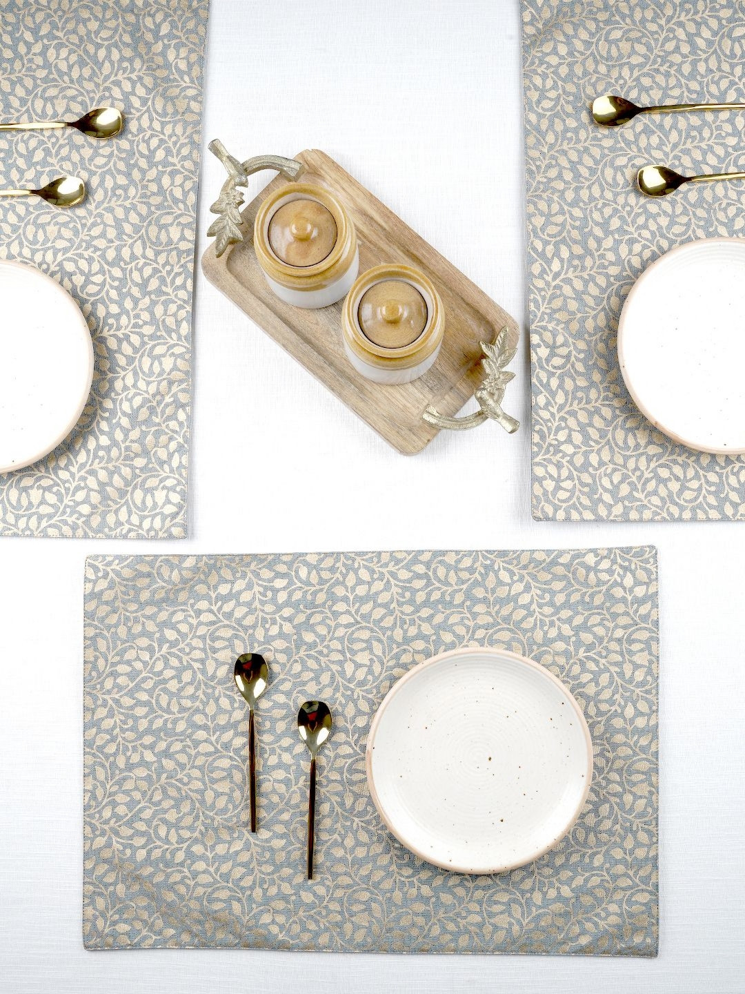 Ratan Cart Grey & Yellow 6 Pieces Floral Printed Pure Cotton Rectangular Table Placemats