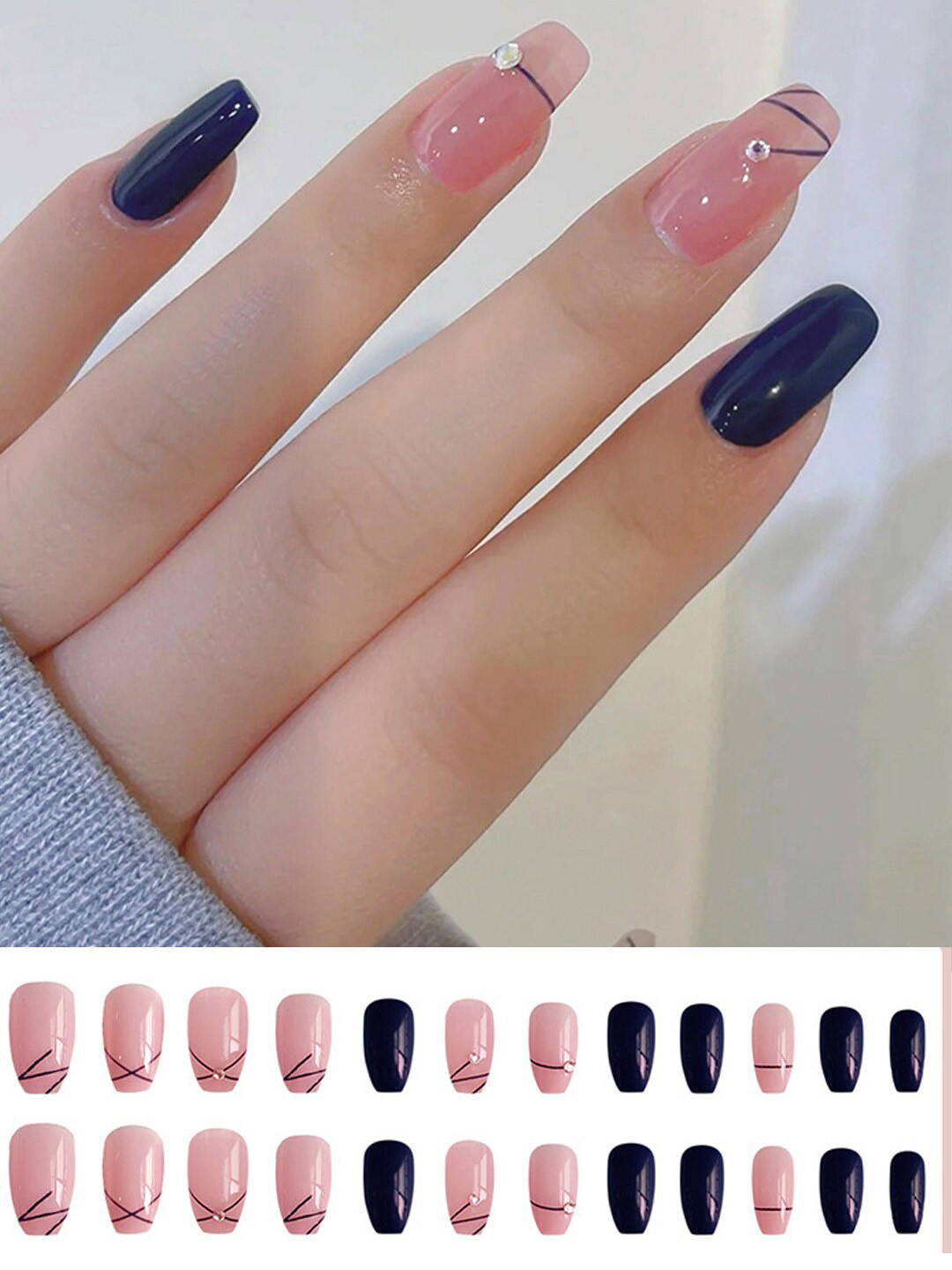 Secret Lives Set Of 24 Pink & Blue Grafti Lines With Studs False Nails