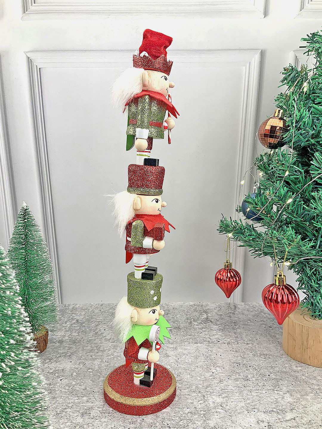 Little Surprise Box LLP Green & Red 3 Tier Stacked Wooden Elves Christmas Showpiece