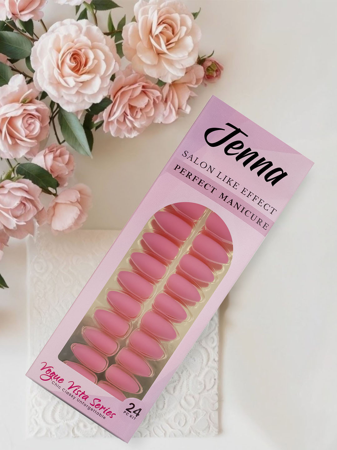 JENNA Set Of 24 French Tip Press On Acrylic Almond Shape Artificial Nails - Pink