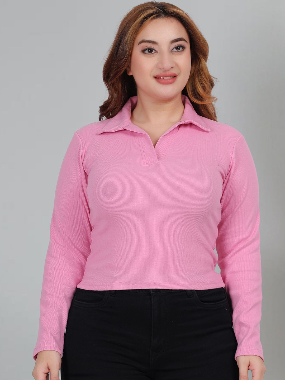 Fabme Women Textured Rib  Shirt Style Top