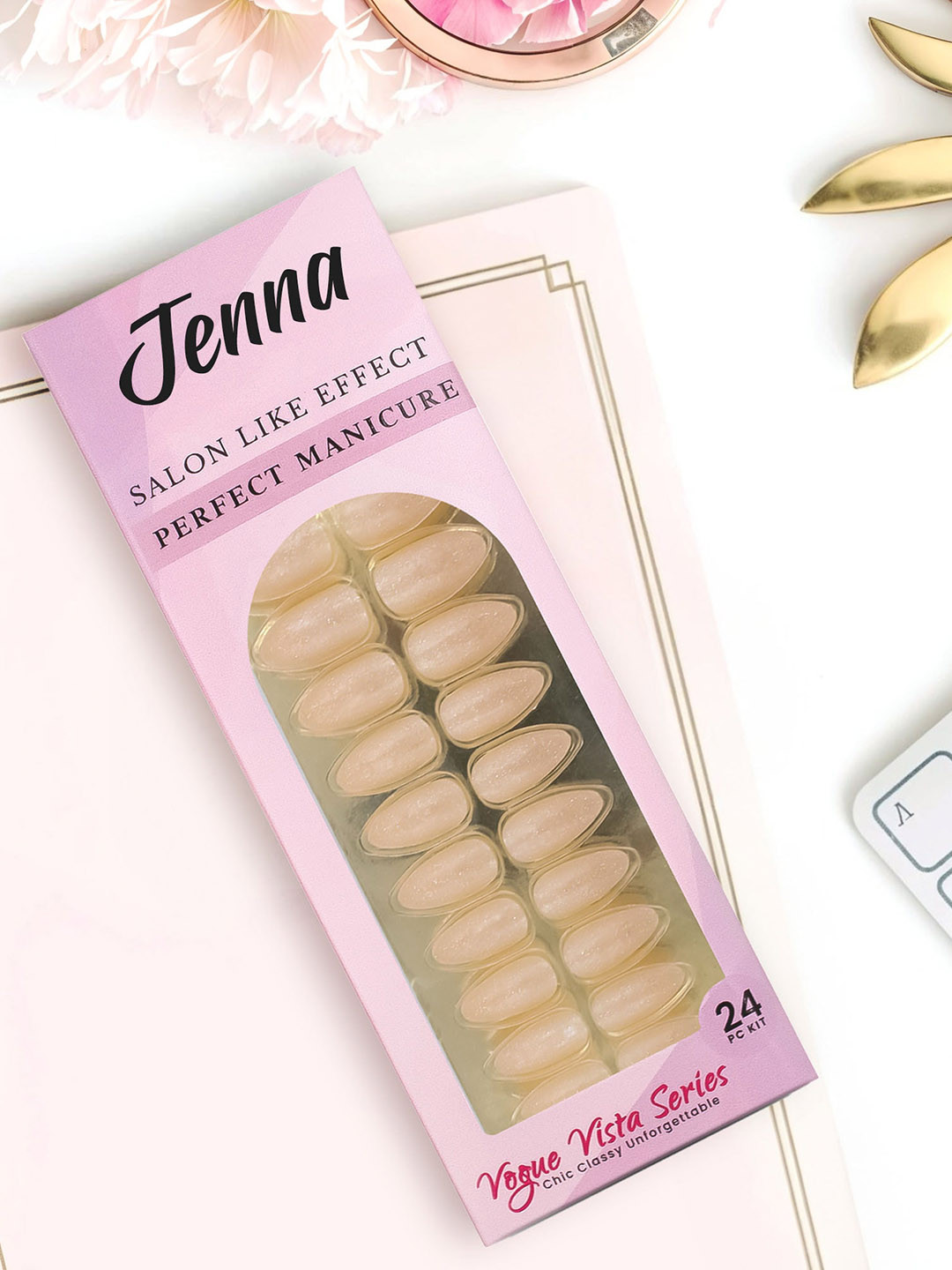 JENNA Set Of 24 French Tip Press On Acrylic Almond Shape Artificial Nails - Glitter Beige