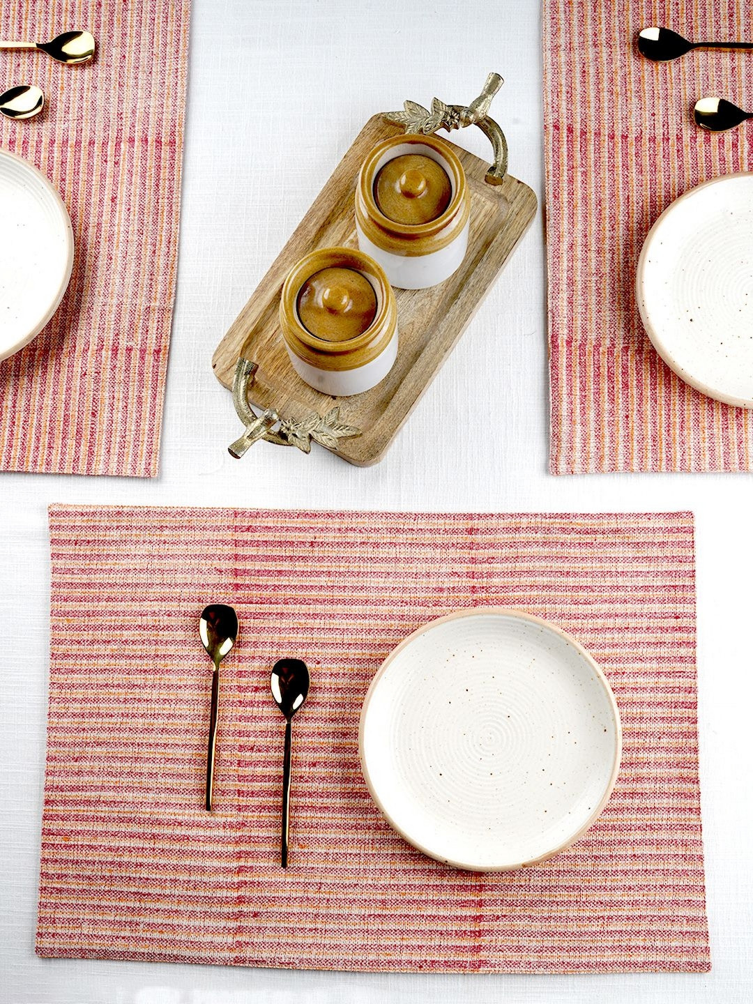 Ratan Cart Rust & White 4 Pieces Striped Pure Cotton Rectangular Table Placemats