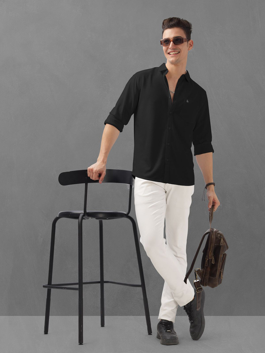 BULLMER Men Solid Black Casual Shirt