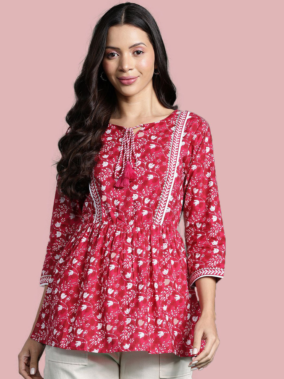 Deewa Women PrintedTie-Up Neck Ethnic Cotton Cinched Waist Longline Top