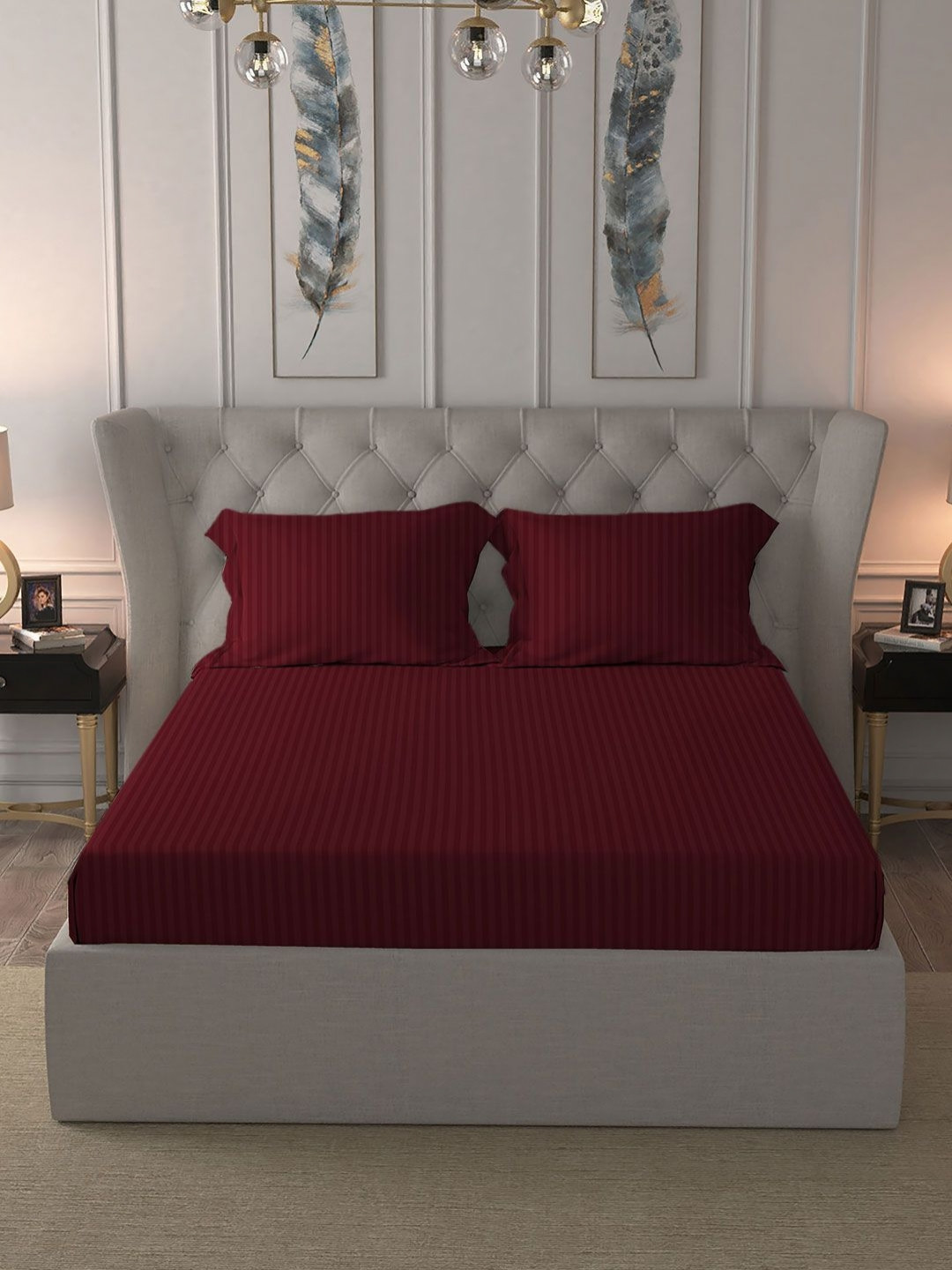 MYTRIDENT Classic Maroon Striped Cotton Anti-Microbial 210 TC King Fine Bedsheet with 2 Pillow Covers-108 x 108 inches