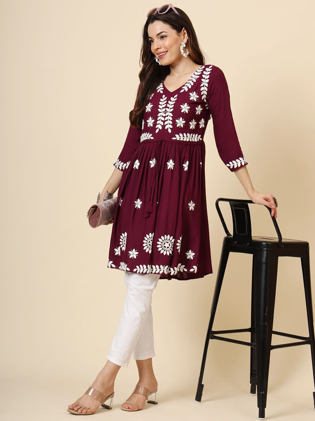 HERE&NOW Floral Embroidered Thread Work Angrakha Anarkali Short Kurti