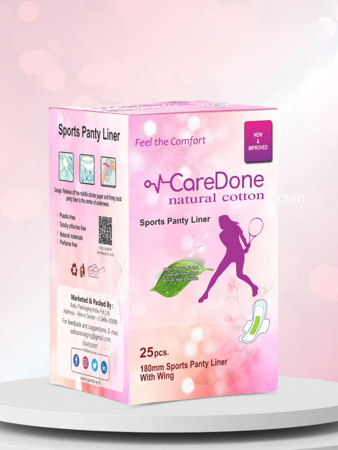 CareDone Organic Cotton Ultra Thin Sports Panty Liners With Wing - 25 Pcs