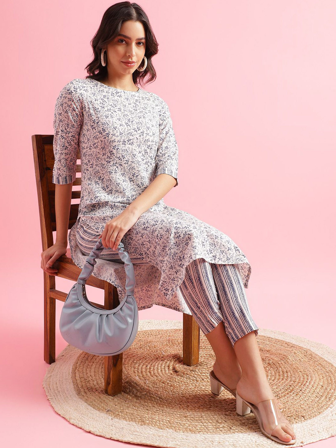 KALINI Floral Printed Round Neck Three Qaurter Sleeves Straight Kurta With Trousers