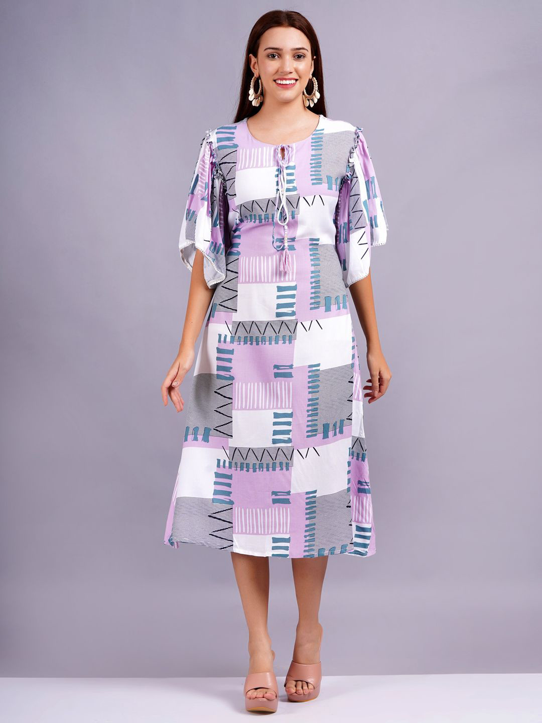 JC4U Women Printed Tie-Up Neck Batwing Sleeve A-Line Midi Dress