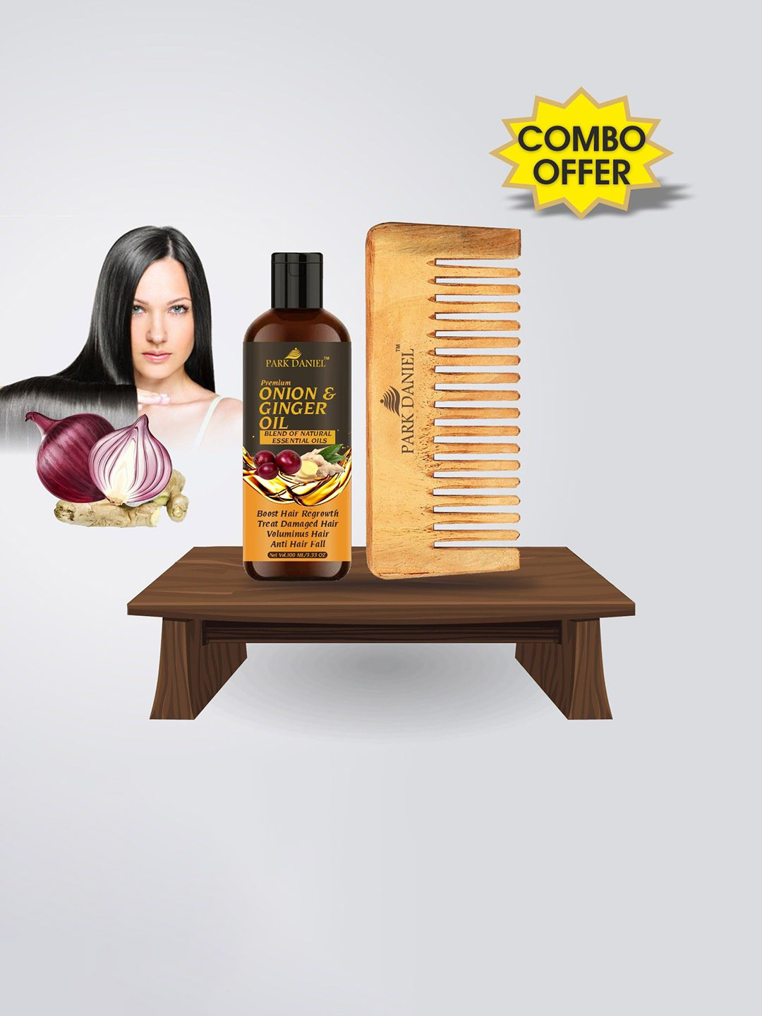 Park Daniel Set Of 2 Premium Onion & Ginger Oil - 100 ml With Neem Wood Comb