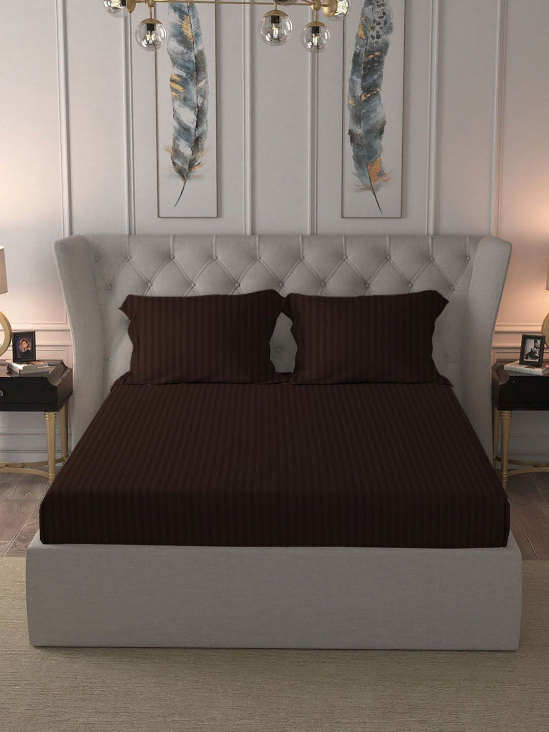 MYTRIDENT Classic Brown Striped Cotton Anti-Microbial 210 TC King Fine Bedsheet with 2 Pillow Covers-108 x 108 inches