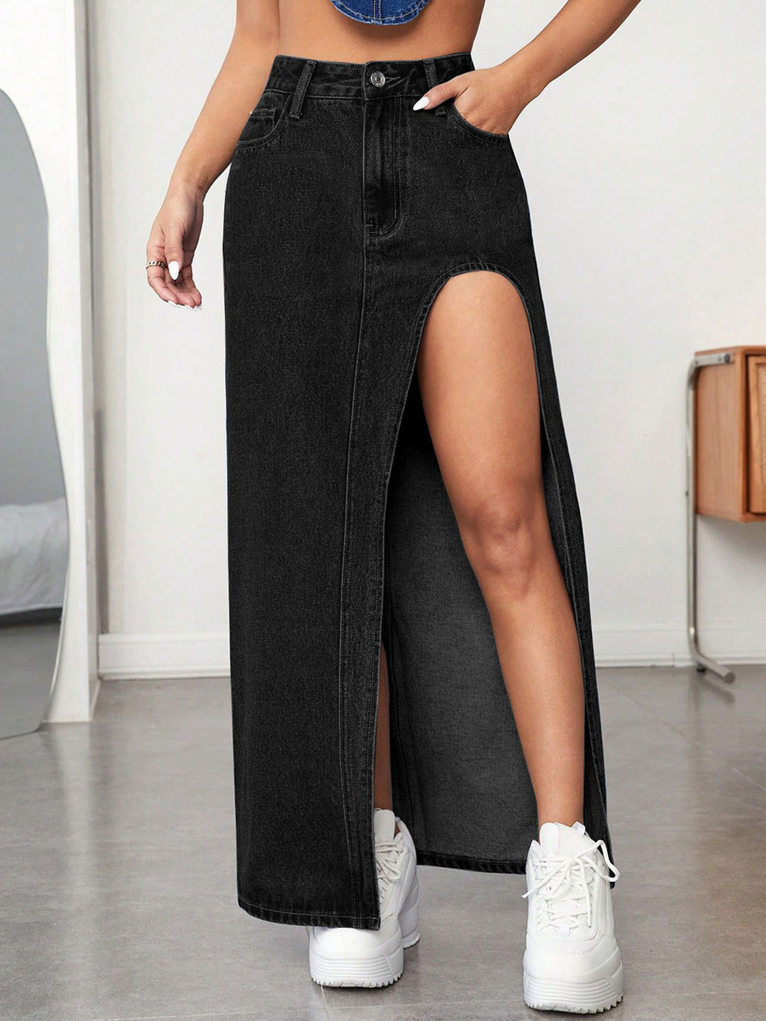AAHWAN Women Straight Maxi Slit Denim Skirt