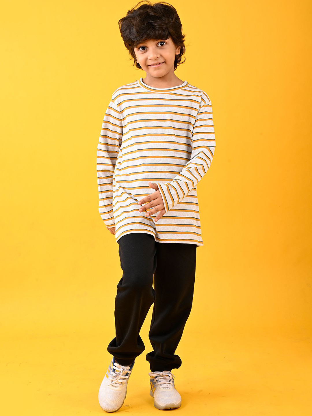 Anthrilo Boys Striped Round Neck T-shirt  With Fleece Joggers