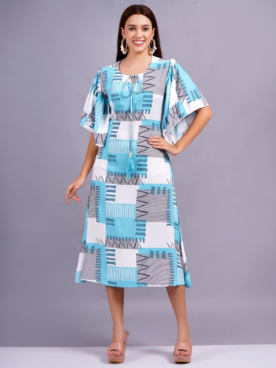 JC4U Women Print Tie-Up Neck Batwing Sleeve A-Line Midi Dress