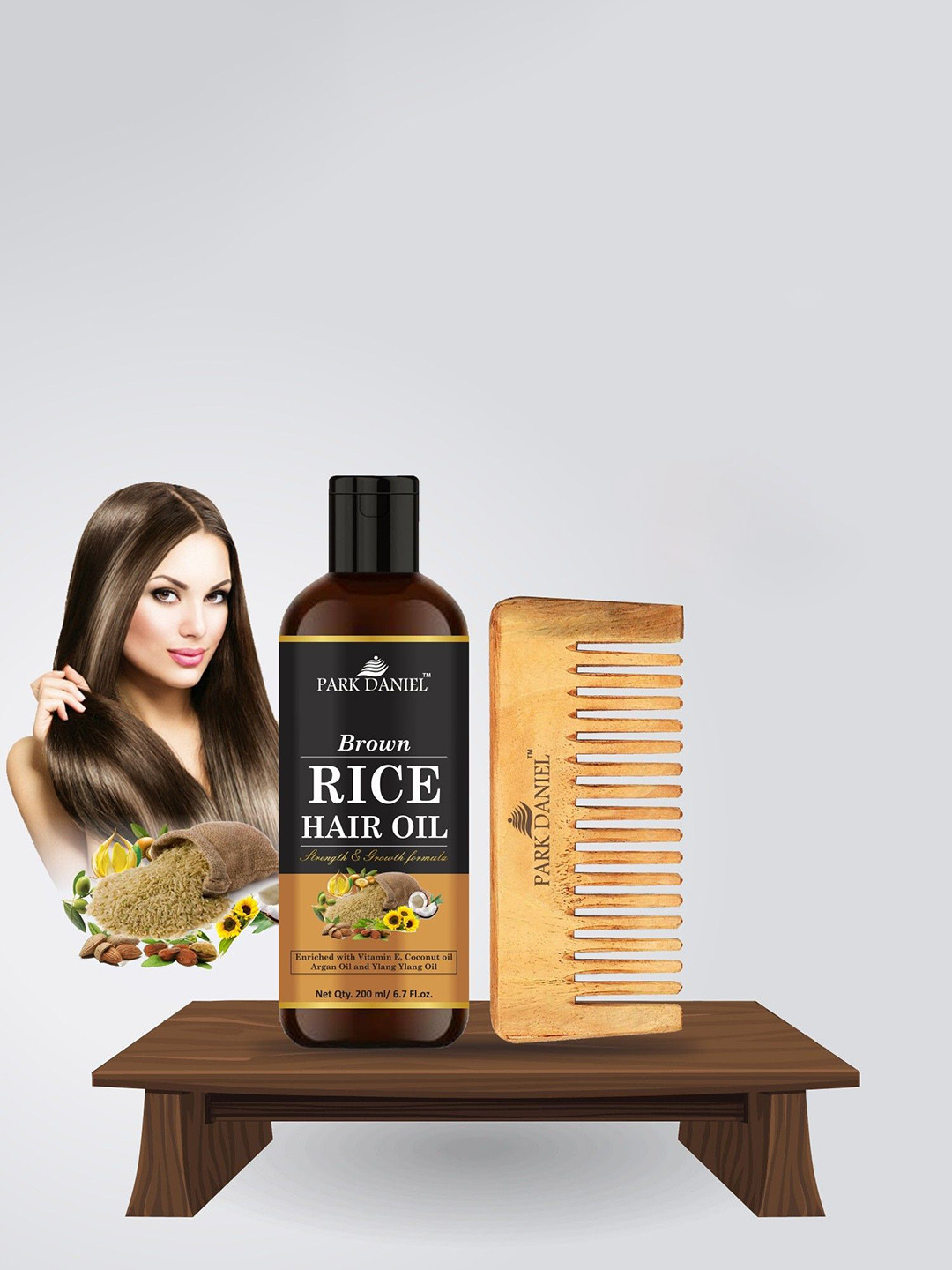 Park Daniel Set Of 2 Brown Rice Hair Oil - 200 ml & Neem Wood Comb