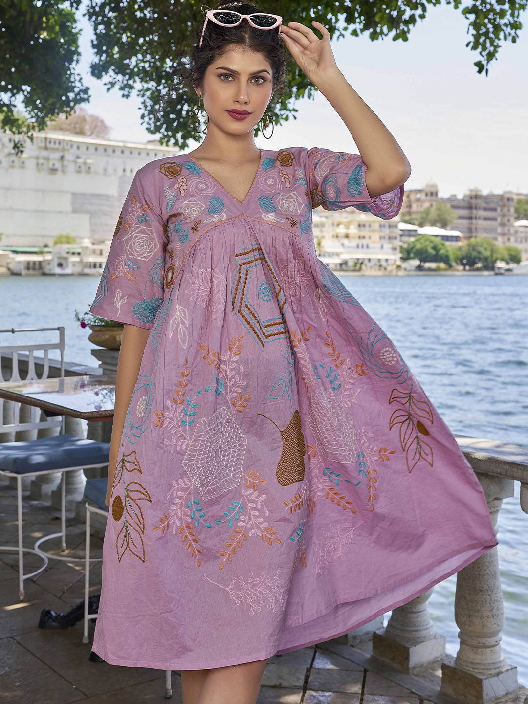 Flossy Embroidered V-Neck Fit & Flare Cotton Dress