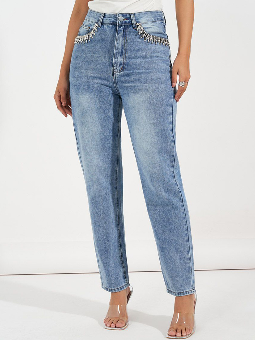 Styli Women High Rise Straight Leg Embellished Ankle Length Jeans