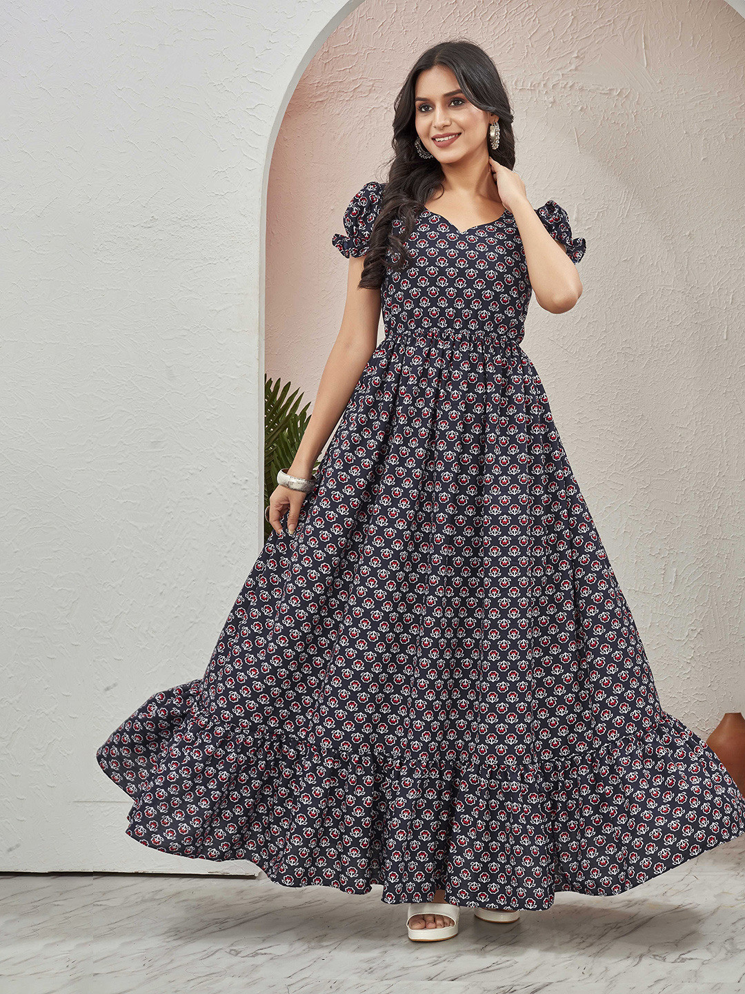 CHANSI Women Cotton Floral Print Puff Sleeve Fit & Flare Maxi Dress