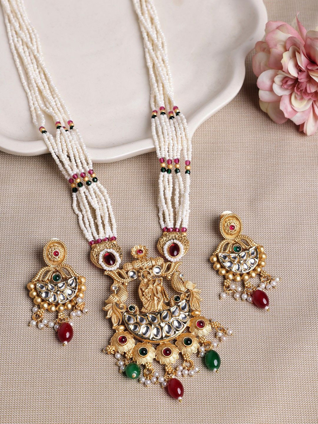 PANASH Gold-Plated CZ Studded & Beaded Jewellery Set