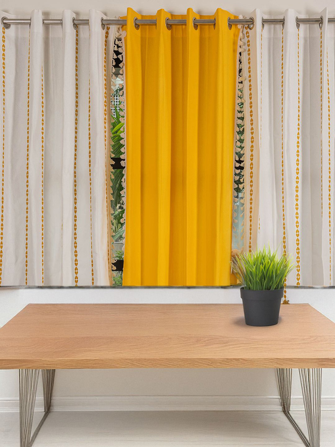 URBAN SPACE Vintage Yellow & White 3 Pieces Embroidered Cotton Window Curtain