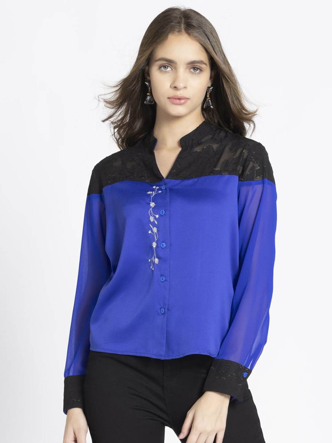 SHAYE Women Smart Mandarin Collar Floral Self Design Satin Relaxed Fit Casual Shirt