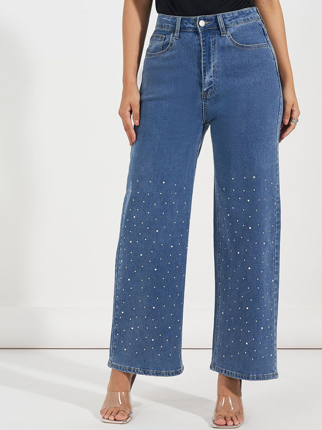 Styli Women High Rise Rhinestone Detail Wide Leg Jeans
