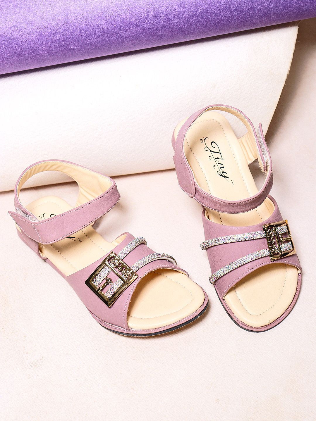 Tiny Bugs Girls Embellished Party Open Toe Velcro Sandals Flats with Buckles