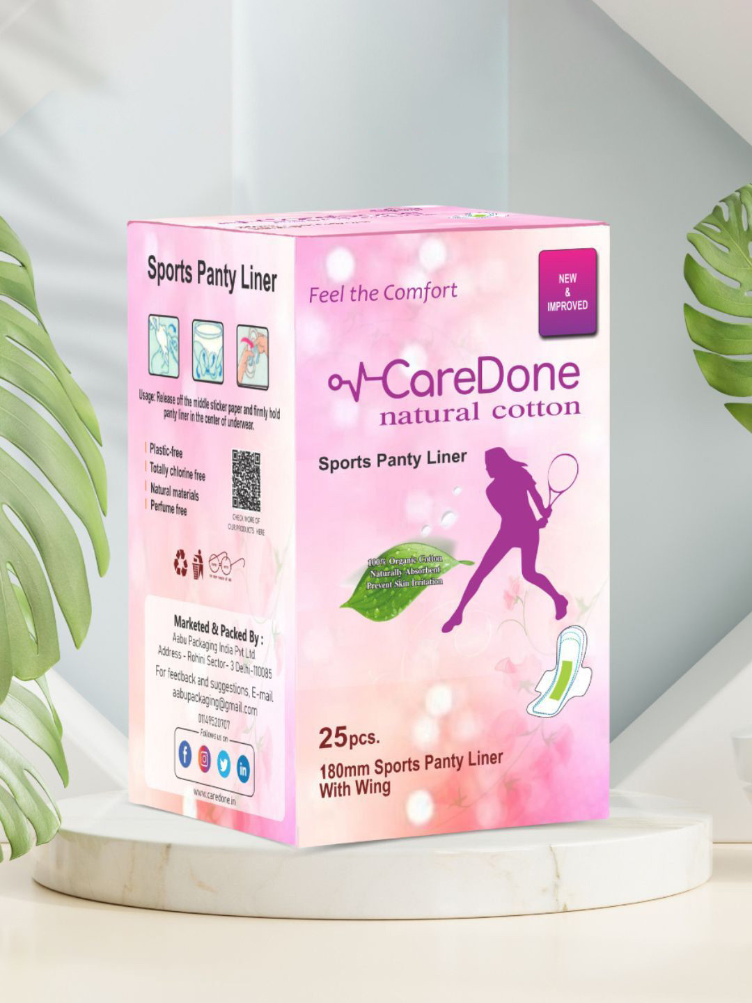 CareDone Ultra Thin Organic Cotton Sports Panty Liners - 25 Pieces