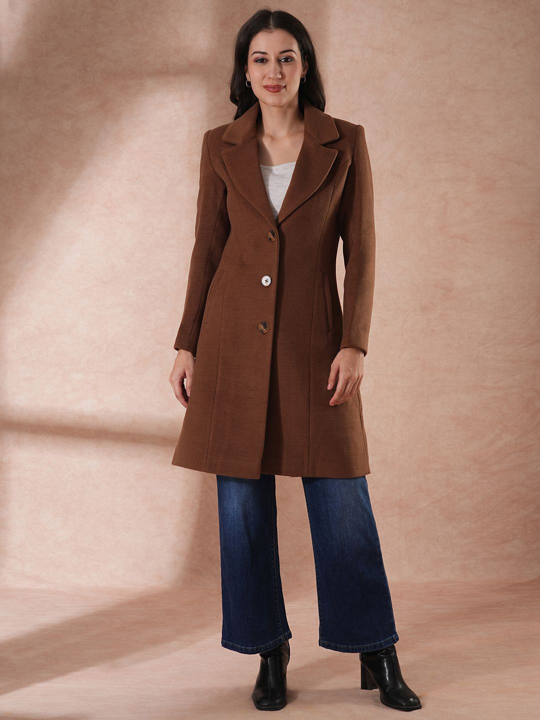 Globus Women Self Design Notched Lapel Pea Coat