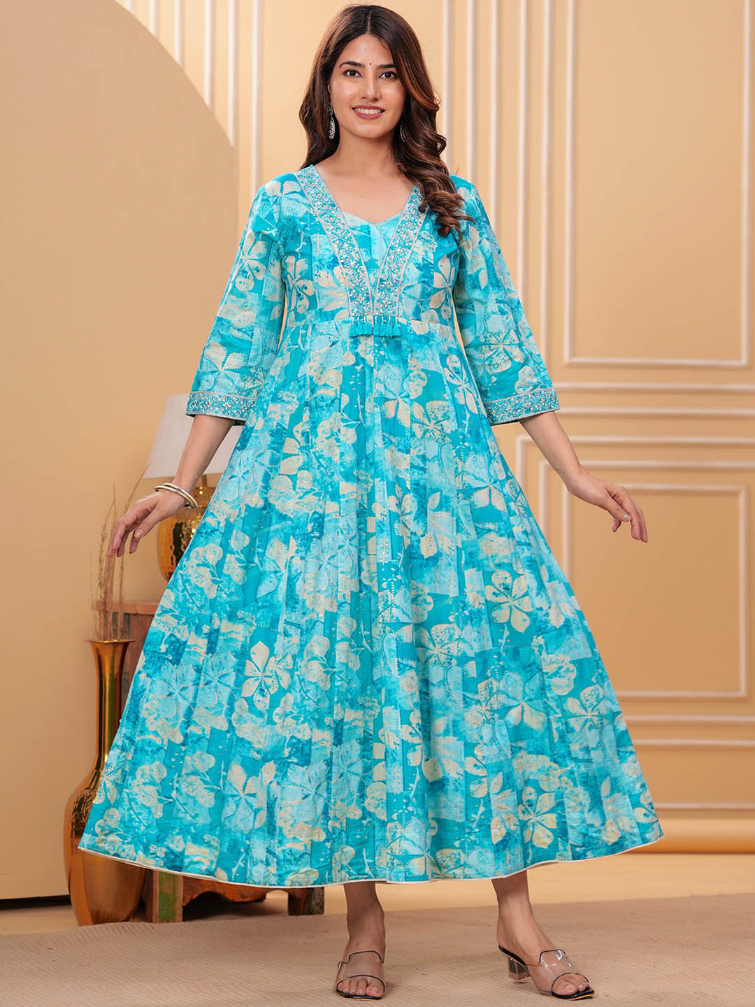 Meeranshi Women Floral Print Cotton Ethnic Maxi Dresses