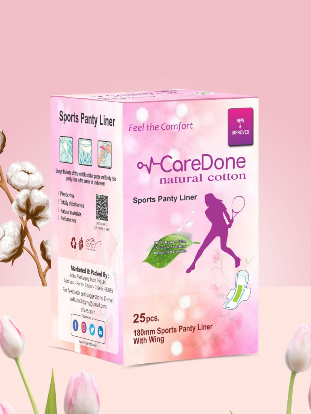 CareDone Organic Cotton Ultra Thin Sports Panty Liners With Wing - 25 Pcs