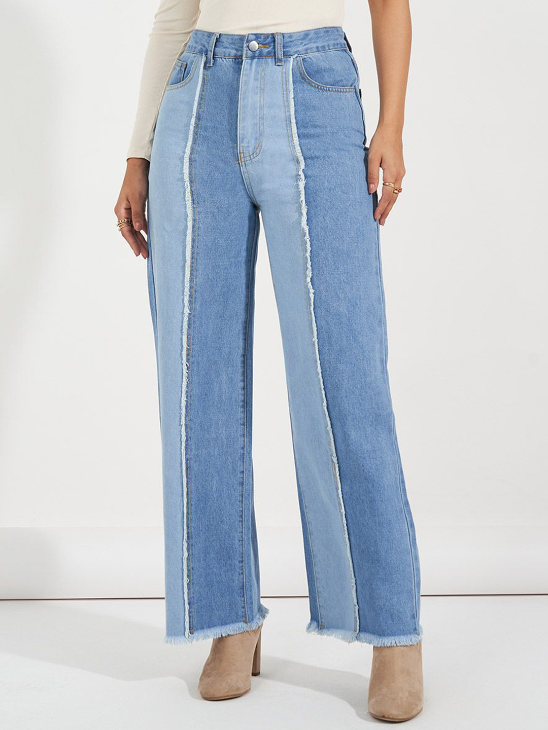 Styli Women Cut & Sew Panel Frayed Edge Wide Leg Jeans