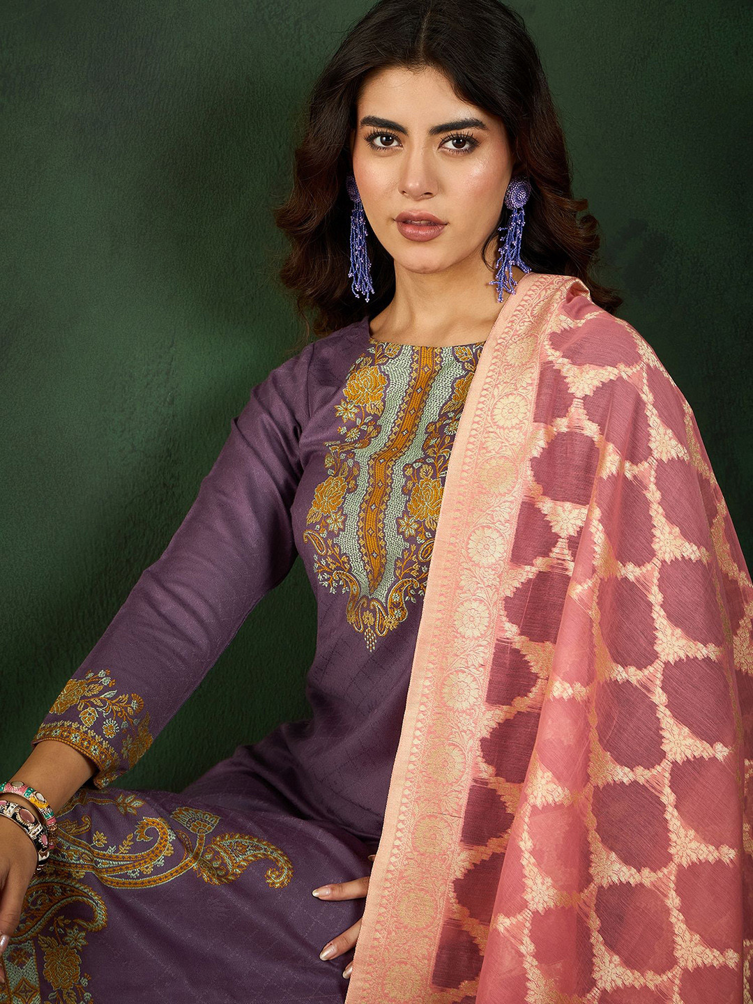 Sangria Winter Pashmina Floral Woven Design Kurta & Trouser With Dupatta