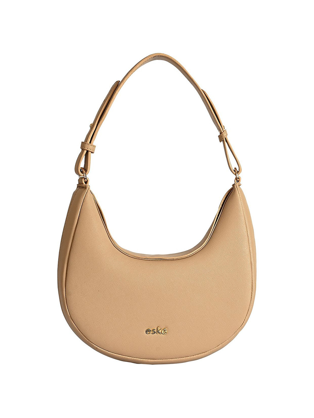 eske Women Beige Solid Crescent Shape Gold Chain Strap Dual Carry Option Leather Hobo Bag