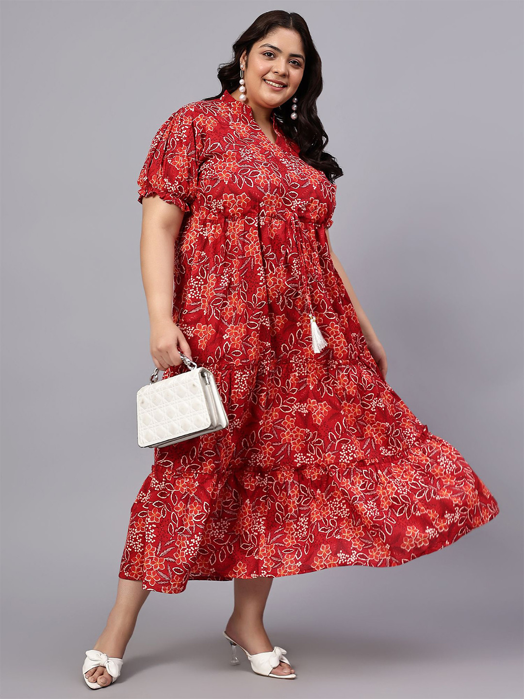 Indietoga Women's Plus Size Floral Printed Puff Sleeve Fit & Flare Maxi Dress with Pockets