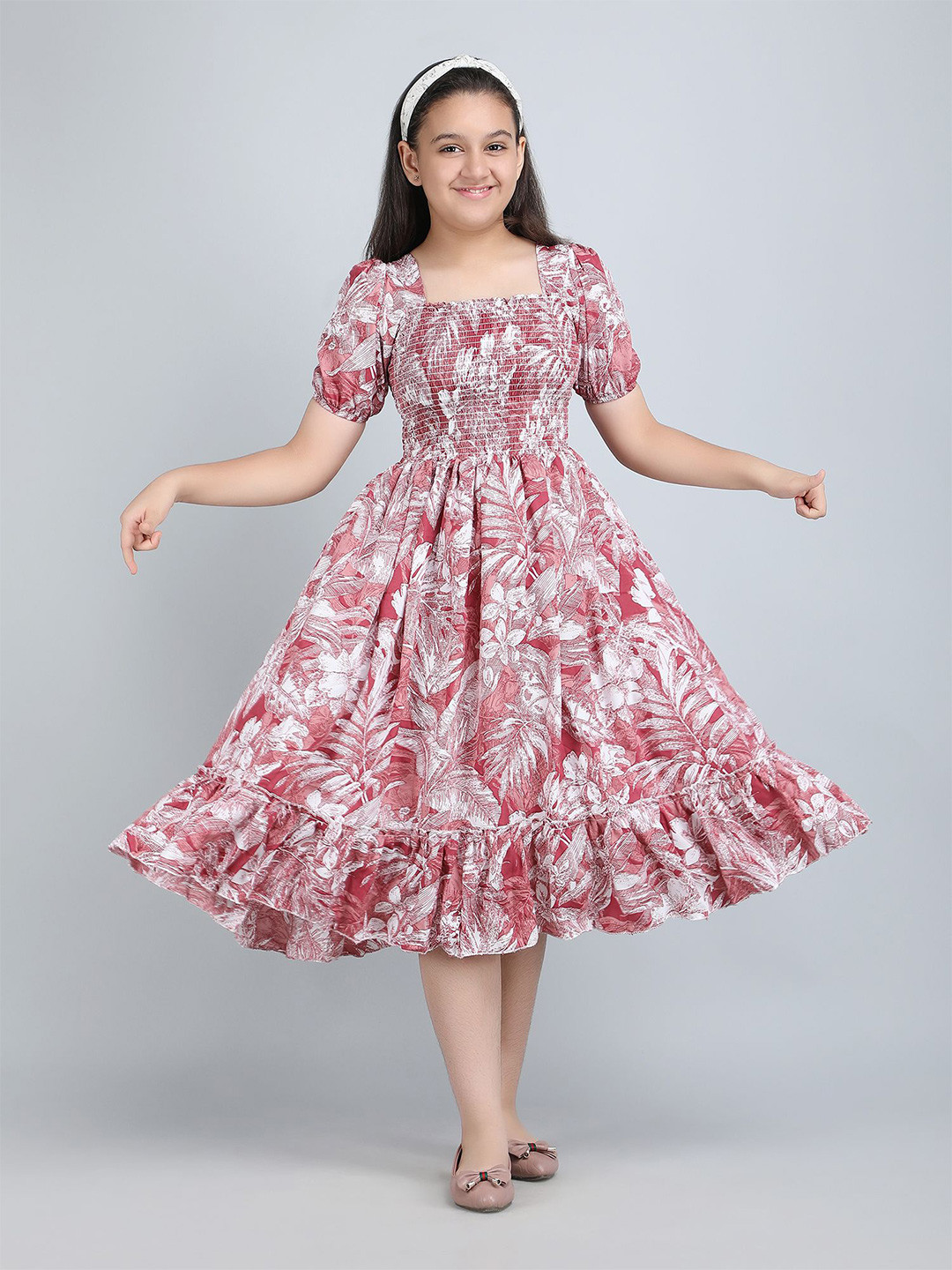 DEKLOOK Girl Puff Sleeve Crepe Formal Fit & Flare Midi Dress