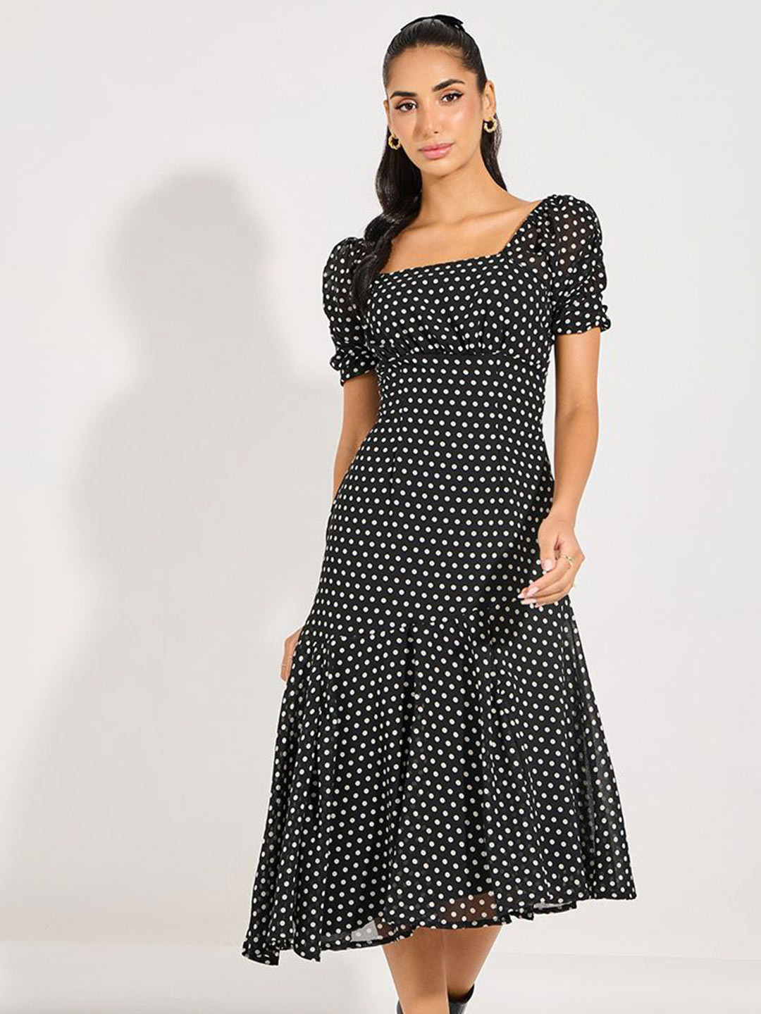Styli Women Polka Dots Square Neck Puff sleeves Sheath Midi Length Dress