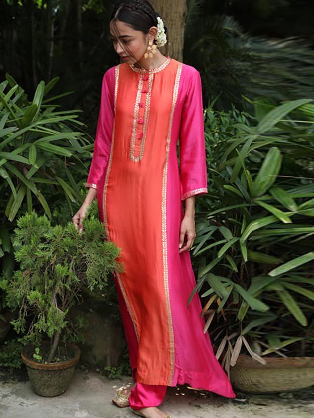 PINK CITY BY SARIKA Floral Embroidered Sequinned Pure Silk Kurta with Trouser