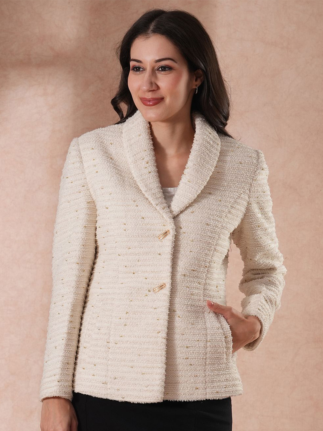 Globus Women Shawl Lapel Shiny Self Design Single-Breasted Trench Coat