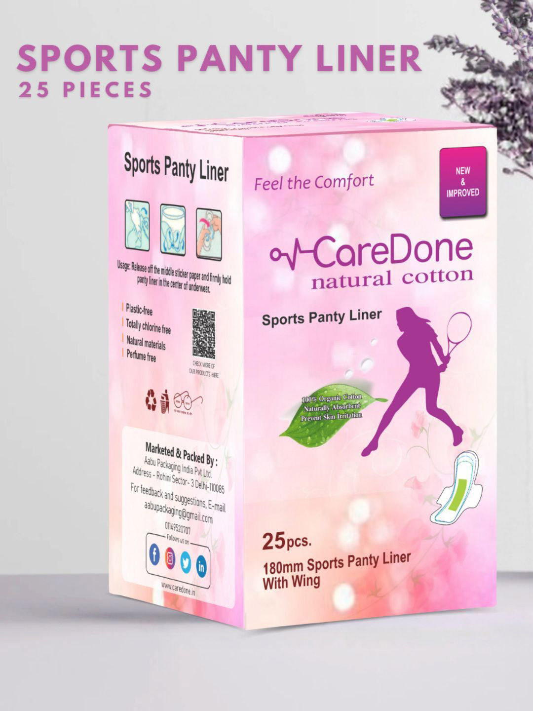 CareDone Ultra Thin Organic Cotton Sports Panty Liners - 25 Pieces