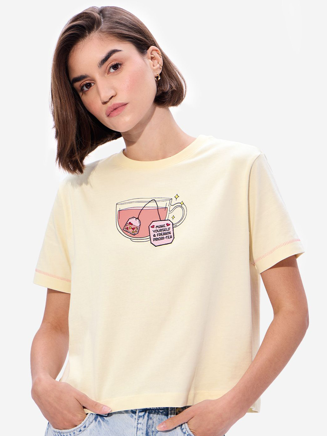 The Souled Store Women Priori-Tea Off-White Relaxed Fit T-Shirts