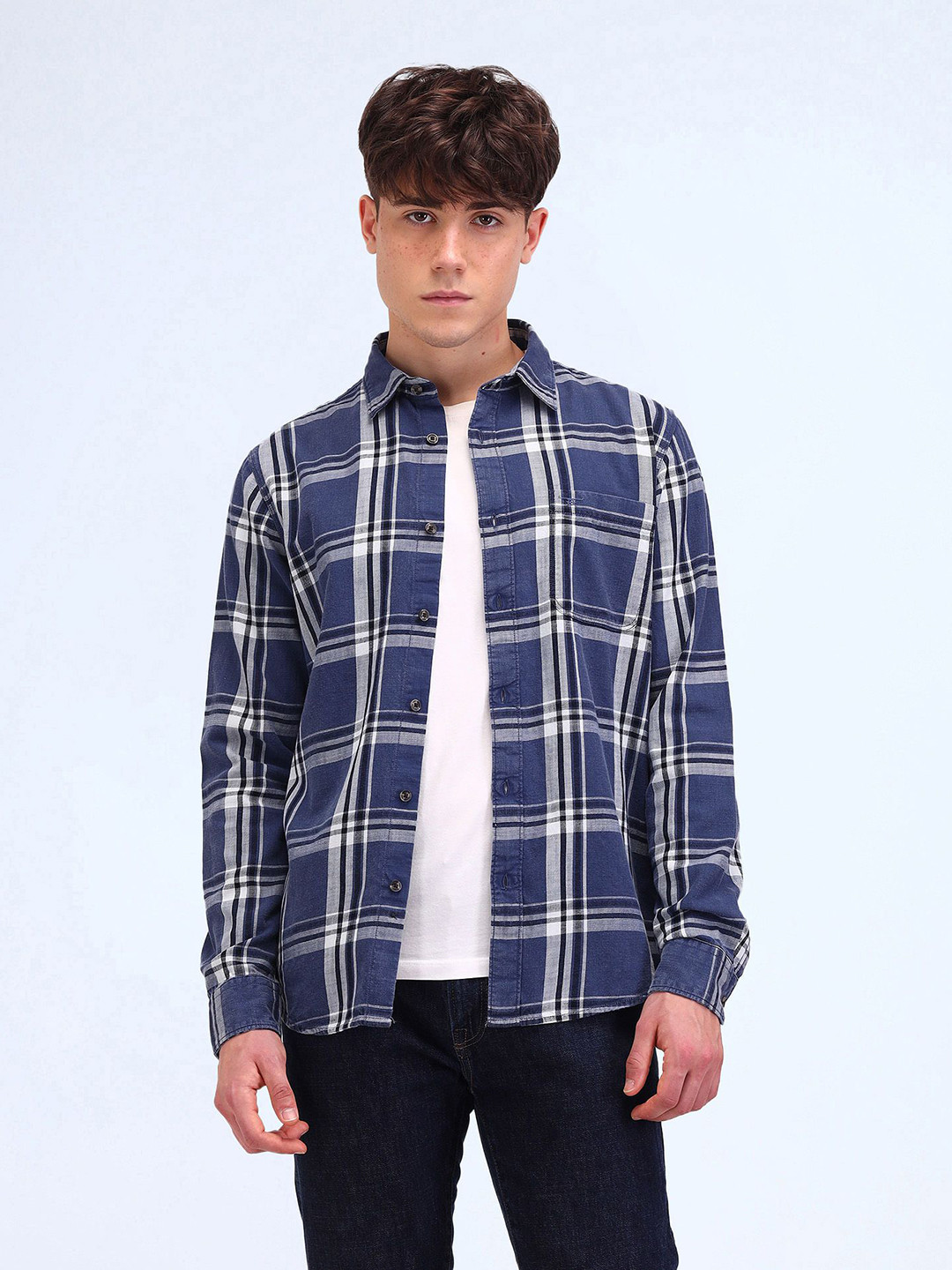 Flying Machine Men Spread Collar Tartan Checked Cotton Casual Shirt