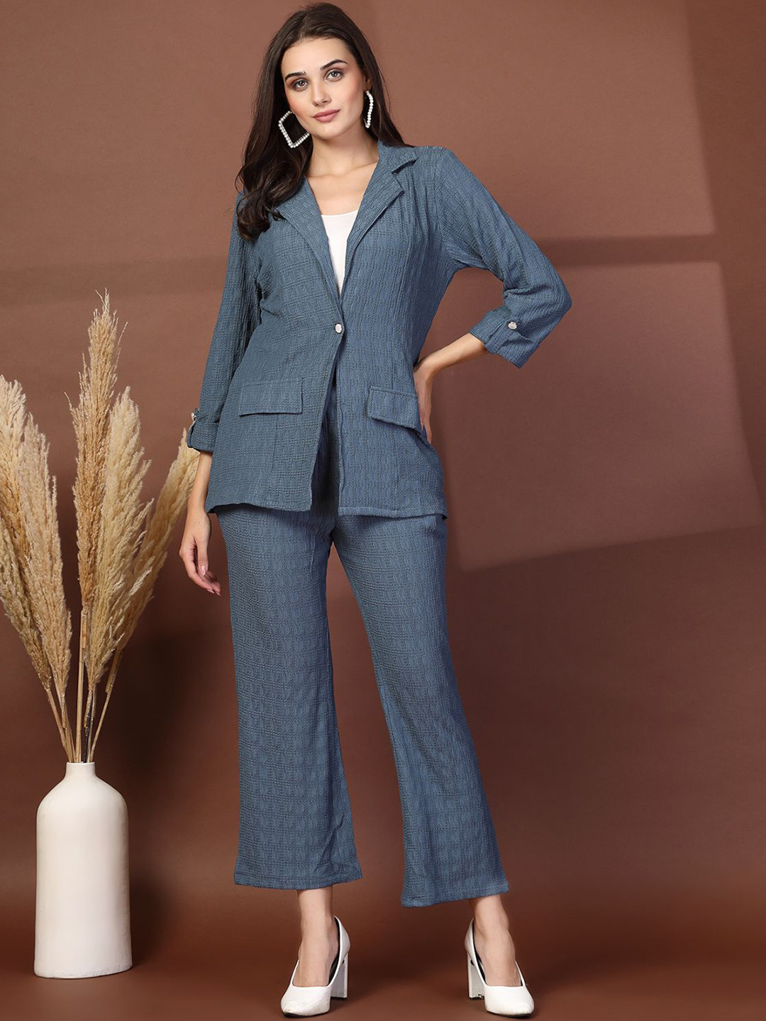 plusS Blue Self Design Lapel Collar Long Sleeves Blazer With Trouser