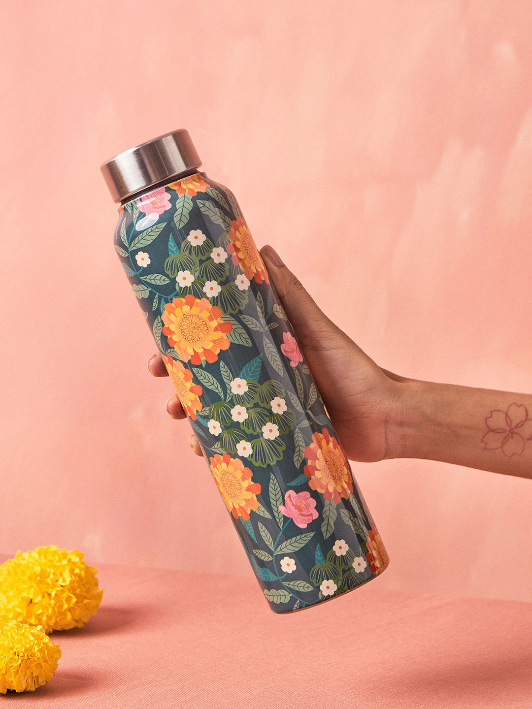 Chumbak Blue Floral Stainless Steel Spill Proof Water Bottle - 950ml
