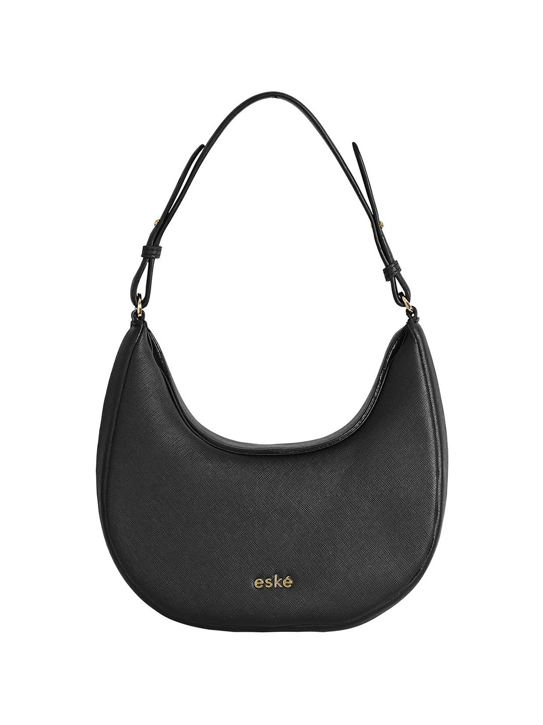 eske Women Black Solid Crescent Shape Gold Chain Strap Dual Carry Option Leather Hobo Bag