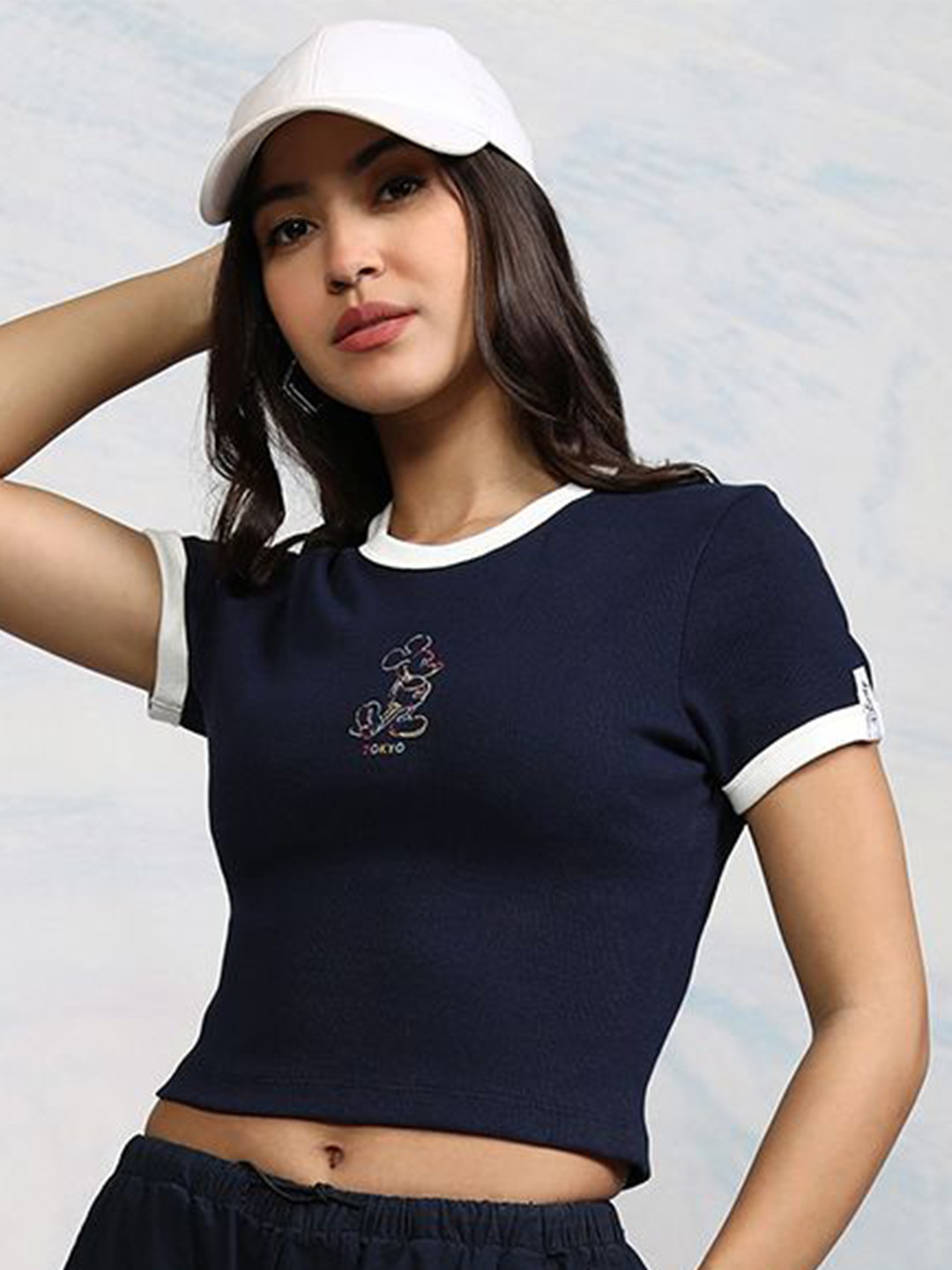 Tokyo Talkies Disney Women Mickey Mouse Embroidered Rib Crop Round Neck Tops