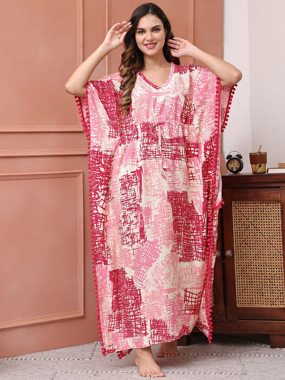 Claura Women Short Sleeves Abstract Printed Maxi Kaftan Nightdress