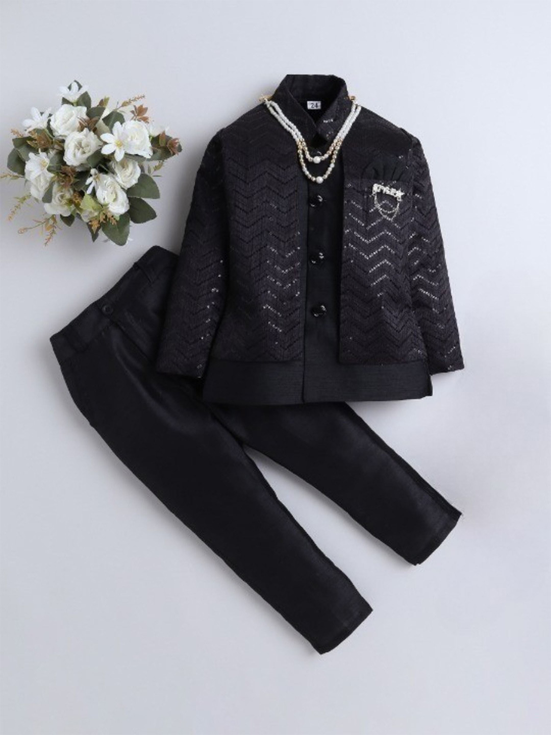 BAESD Boys Embellished Mandarin Collar Long Sleeves Coat With Trouser With Chain