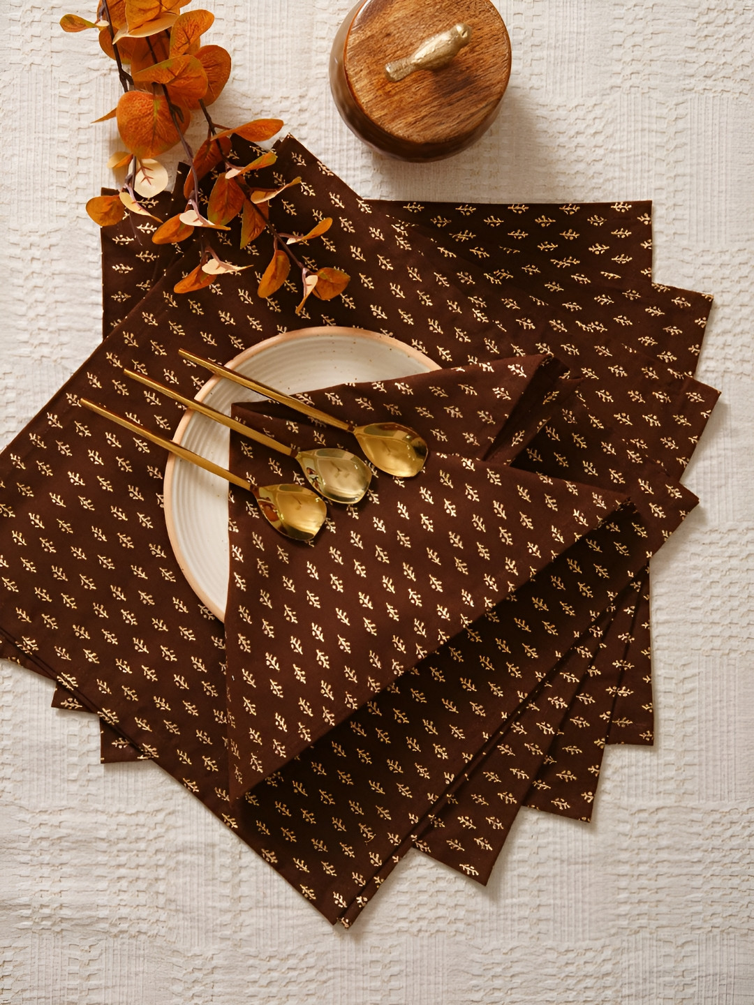Ratan Cart Brown & Gold-Toned 6 Pieces Printed Cotton Table Napkins